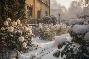 Snowy garden with roses. Generative AI