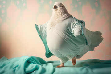 fat bird in a terry bathrobe joyfully dancing, created with Generative AI technology