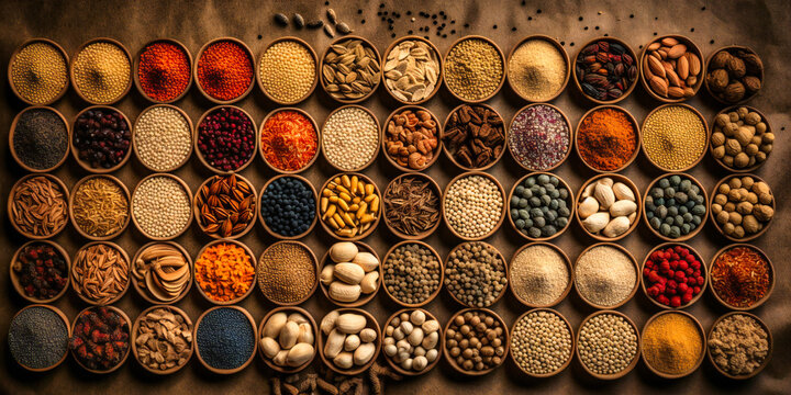 a collection of different spices and seeds in an array