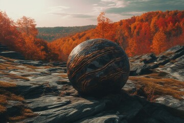 Minimal autumnal landscape with layered rock strata and bold celestial orb. Generative AI - obrazy, fototapety, plakaty