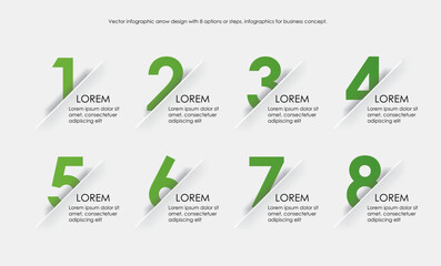 Green vector infographic illustration. Line infographic numbers template with eight elements. Timeline designed for business, presentations, marketing, web design, interface, and diagrams with 8 step
