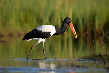 Saddle-billed Stork (Africa) - A tall stork with a distinctive saddle-shaped bill and black and white plumage (Generative AI)