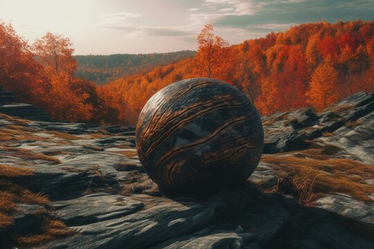 Minimal autumnal landscape with layered rock strata and bold celestial orb. Generative AI