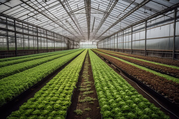 An impressive interior view of a large indoor greenhouse with rows of flourishing lettuce plants in the foreground, taken on April 27, 2012, by David Scott. Generative Ai