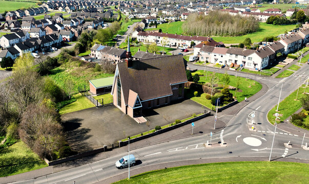 Aerial view of All Saints Church of Ireland Craigyhill Larne Co Antrim Northern Ireland