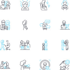 Child development linear icons set. Growth, Milests, Cognition, Communication, Language, Socialization, Play line vector and concept signs. Bonding,Attachment,Emotion outline illustrations