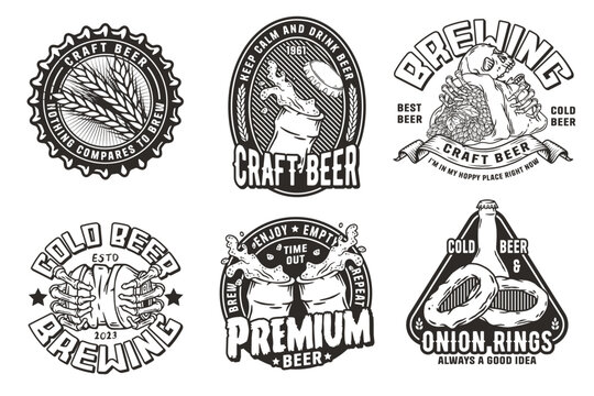 Beer set of designs with beer cap, can, hop, skeleton and bottle. Skull, beer glass, barly, bone hand and bottle for brewery or bar. Craft beer vector logos or emblems for pub and store