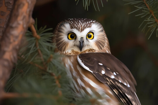 Northern Saw-whet Owl (North America) - A small, nocturnal owl with large eyes and a distinctive call (Generative AI)