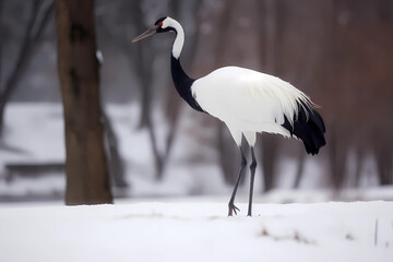 Fototapeta premium Red-crowned Crane (East Asia) - One of the rarest cranes in the world, known for its striking red head and white body (Generative AI)
