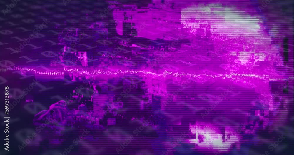Poster animation of binary coding data processing over african american man wearing vr headset