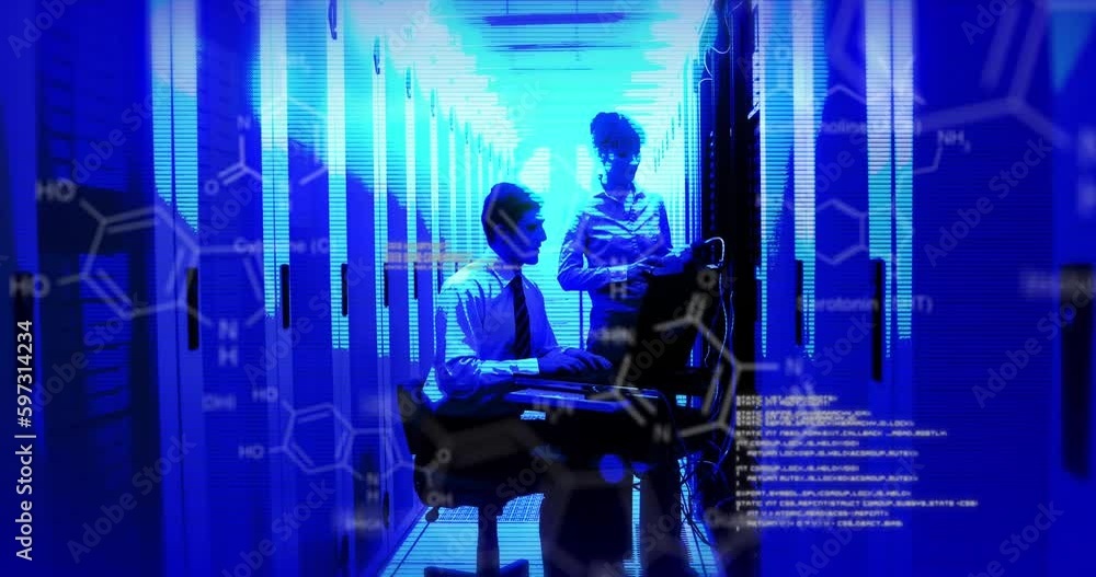 Poster animation of data processing with diverse it technicians by computer servers
