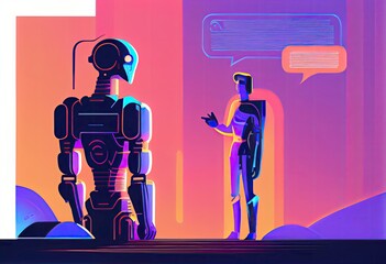 Chatbot conception. gradient illustration of a robot answering a human with queries through a digital. 