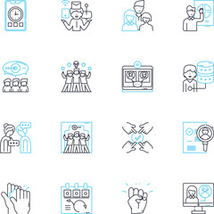 Boardroom conference linear icons set. Discussion, Strategy, Decision-making, Presentation, Collaboration, Planning, Brainstorm line vector and concept signs. Execution,Outcomes,Solutions outline