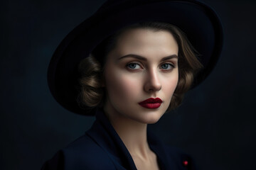 A Sophisticated portrait of a beautiful woman with a dark blue background and a classic red lip that adds a touch of timeless elegance to the image, generative ai