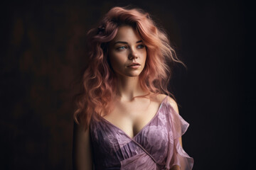 Naklejka premium alluring woman with tousled mauve hair, wearing a flowing pastel dress, standing in front of a dark and moody background with hints of mauve and purple, generative ai