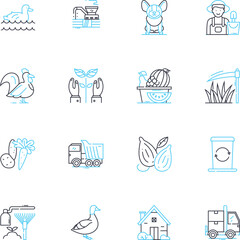 Agricultural showcase linear icons set. Farming, Crops, Livestock, Agriculture, Harvest, Tractors, Irrigation line vector and concept signs. Seeds,Soil,Fertilizers outline illustrations