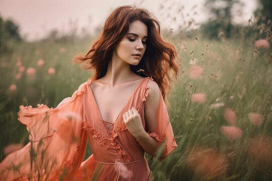 Beautiful woman in a flowing salmon-colored dress standing on a vibrant green field with a bouquet of wildflowers in her hand, her wavy brown hair blowing in the wind, generative ai