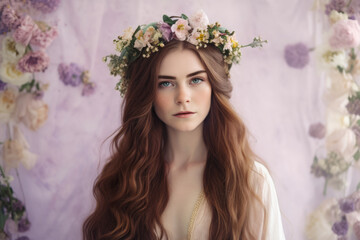 Beautiful woman with long, flowing hair and piercing green eyes, wearing a delicate crown of flowers, standing against a soft, light purple background, generative ai