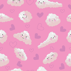 Pattern seamless with pink cute clouds and hearts. Design for fabric, packaging, wallpaper. Vector design.