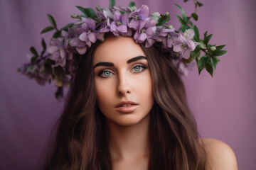 Beautiful woman with long, flowing hair and piercing green eyes, wearing a delicate crown of flowers, standing against a soft, light purple background, generative ai