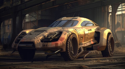 industrial car concept art, detailed, futuristic, rustic, 3D Illustration, generative ai