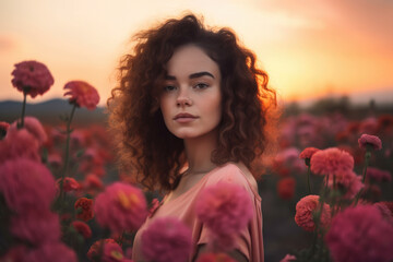 Naklejka premium Beautiful young woman with a light tan complexion and long curly hair posing in a flower field with a pink sunset sky in the background, generative ai