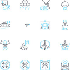 Automated shipping linear icons set. Efficiency , Accuracy , Reliability , Tracking , Logistics , Optimization , Consolidation line vector and concept signs. Robotics ,Warehousing ,Shipment outline