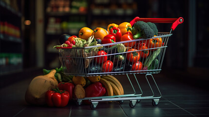 Shopping cart filled with fruits and supermarket shelves in the background, grocery shopping concept, generative ai