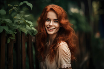 breathtaking woman with flowing auburn hair and a radiant smile posing against a dark tan wooden fence with a lush green forest in the background, generative ai - obrazy, fototapety, plakaty