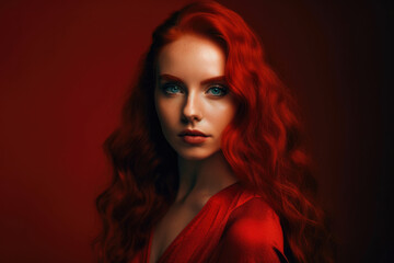 Naklejka premium captivating portrait of a confident red-headed woman with a fiery red dress and a bold red lipstick, posing against a red background with subtle gradient, generative ai