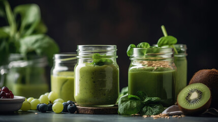 Glass jar mugs with green health smoothie, kale leaves, lime, apple, kiwi, grapes, banana, avocado, lettuce. Raw, vegan, vegetarian, alkaline food concept. Generative ai