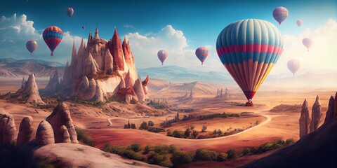 Hot Air balloons flying tour over Mountains landscape like a Cappadocia. Generative AI