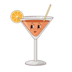 Retro 70s alcohol cocktails in cartoon style. Nostalgia 19070s, 80s...Groovy Drink with fruit character. Y2k Vector illustration