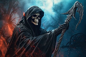 Fototapeta na wymiar 3D illustration of grim reaper with abstract fantasy background. Generative AI