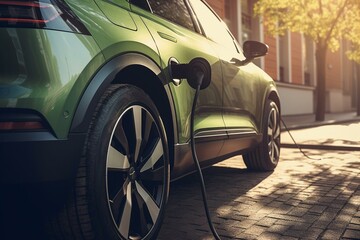 Obraz na płótnie Canvas Electric vehicle recharging with renewable energy. Generative AI