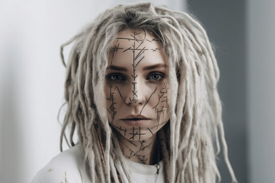 Captivating portrait of a woman with white dreadlocks and intricate face paint, posing against a stark white wall with minimalistic decor, generative ai