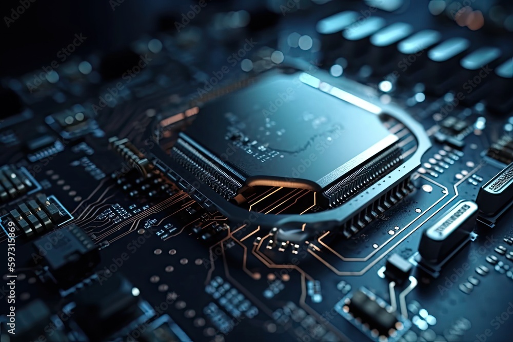 Poster close up of a computer cpu chip with intricate circuitry visible. generative ai