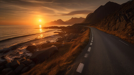 Road by the sea in sunrise time, Lofoten island, Norway, generative ai - obrazy, fototapety, plakaty