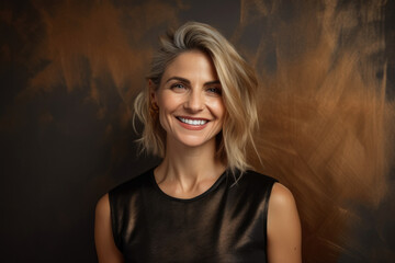 Charming portrait of a beautiful woman with bronze skin, blonde hair, and a dazzling smile, wearing a chic black outfit and standing against a textured bronze background, generative ai