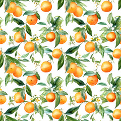 Seamless pattern with many oranges on white background in watercolor style. Generative AI.