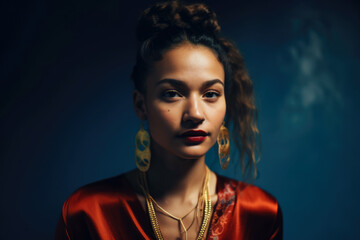 Close-up portrait of a beautiful woman with olive skin, wearing a statement red lip and an intricate gold necklace, standing against a rich blue background, generative ai