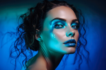 Close-up portrait of a beautiful woman with neon blue eyeshadow and glossy lips, set against a bright neon blue background, generative ai