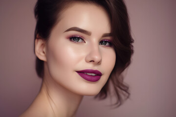 Close-up portrait of a beautiful woman with plum-colored lipstick and a soft smile, against a light pink background, generative ai
