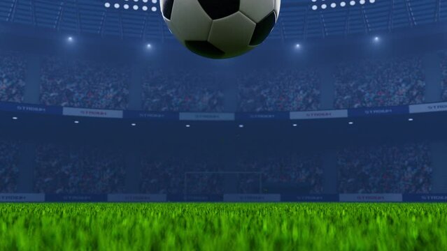 Full 3D rendering of Slow motion of black and white soccer ball jump on grass on soccer stadium
