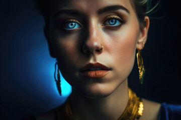 Close-up portrait of a striking woman with intense neon blue eyes and a delicate gold necklace, set against a deep blue background, generative ai