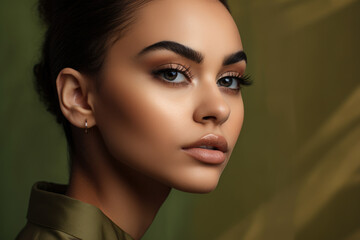 Naklejka premium Close-up portrait of a stunning woman with bold eyebrows and a flawless complexion against a light olive green background, exuding poise and sophistication, generative ai