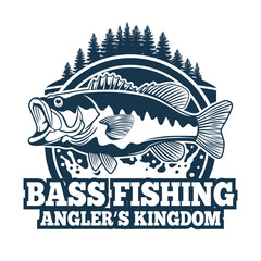 Bass Fishing Logo Bass fish with rod club emblem. Fishing theme vector illustration. Isolated on white.