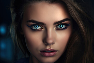 Close-up portrait of a stunning woman with piercing blue eyes, full lips, and flawless skin, wearing navy blue eyeshadow, generative ai