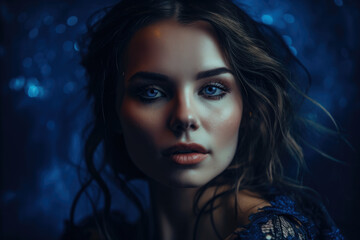 Dreamy portrait of a beautiful woman with a dark blue background and ethereal makeup that creates a mystical and magical atmosphere in the image, generative ai