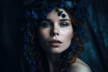 Fototapeta premium Dreamy portrait of a beautiful woman with a dark blue background and ethereal makeup that creates a mystical and magical atmosphere in the image, generative ai